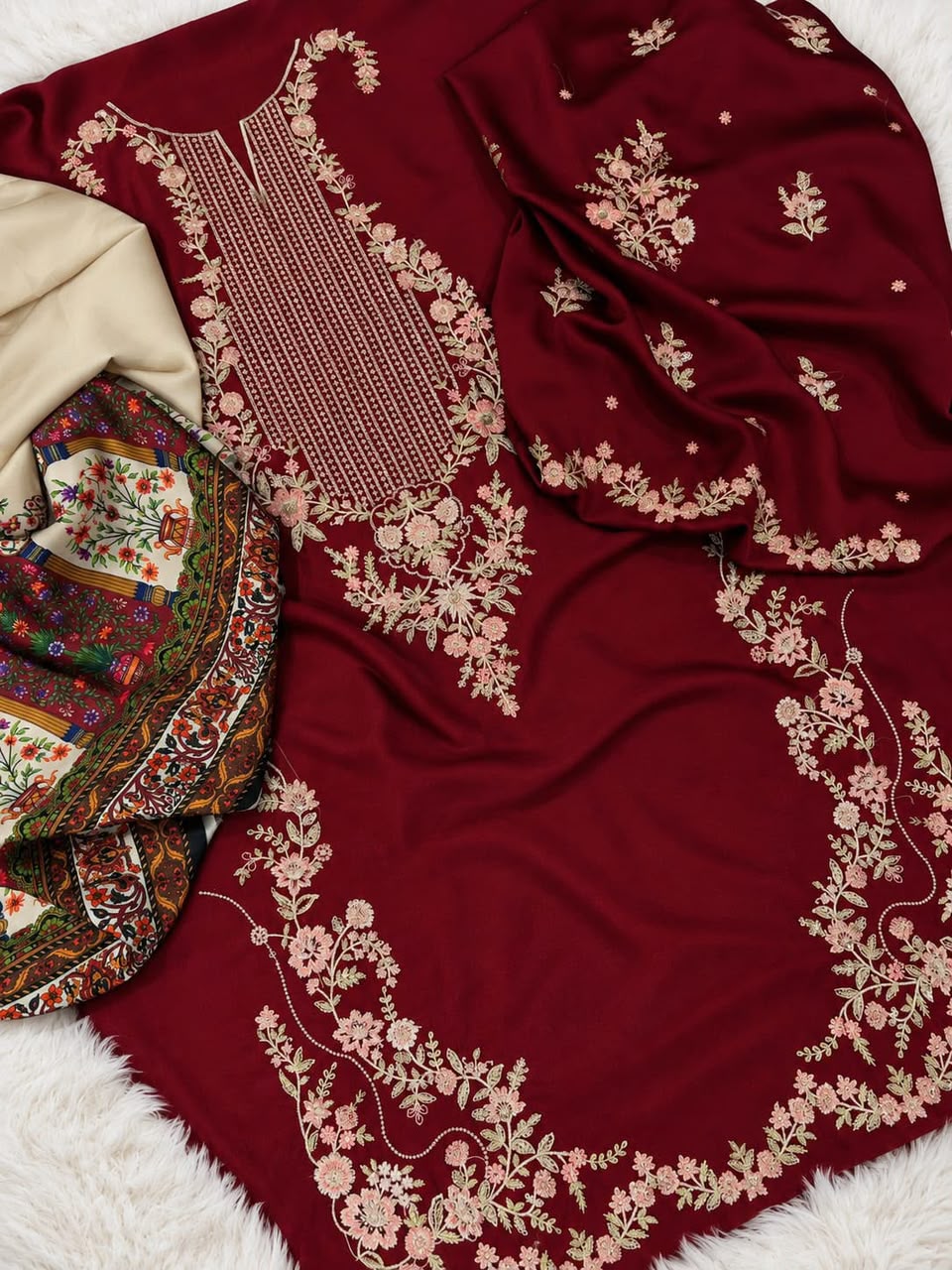 ✨ Premium Maroon Silk 2-Piece Suite | Heavy Thread & Sequence Embroidered Collection | Designer Printed Trouser