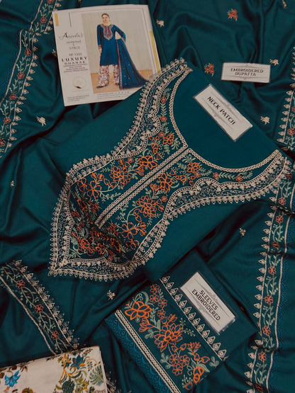 Aneelas Winter Collection 2026-27 - 3 Piece Heavy Embroidered Dhanak Suit with Digital Printed Karandi Trouser & Heavy Border Dhanak Shawl (D# NF 1305)