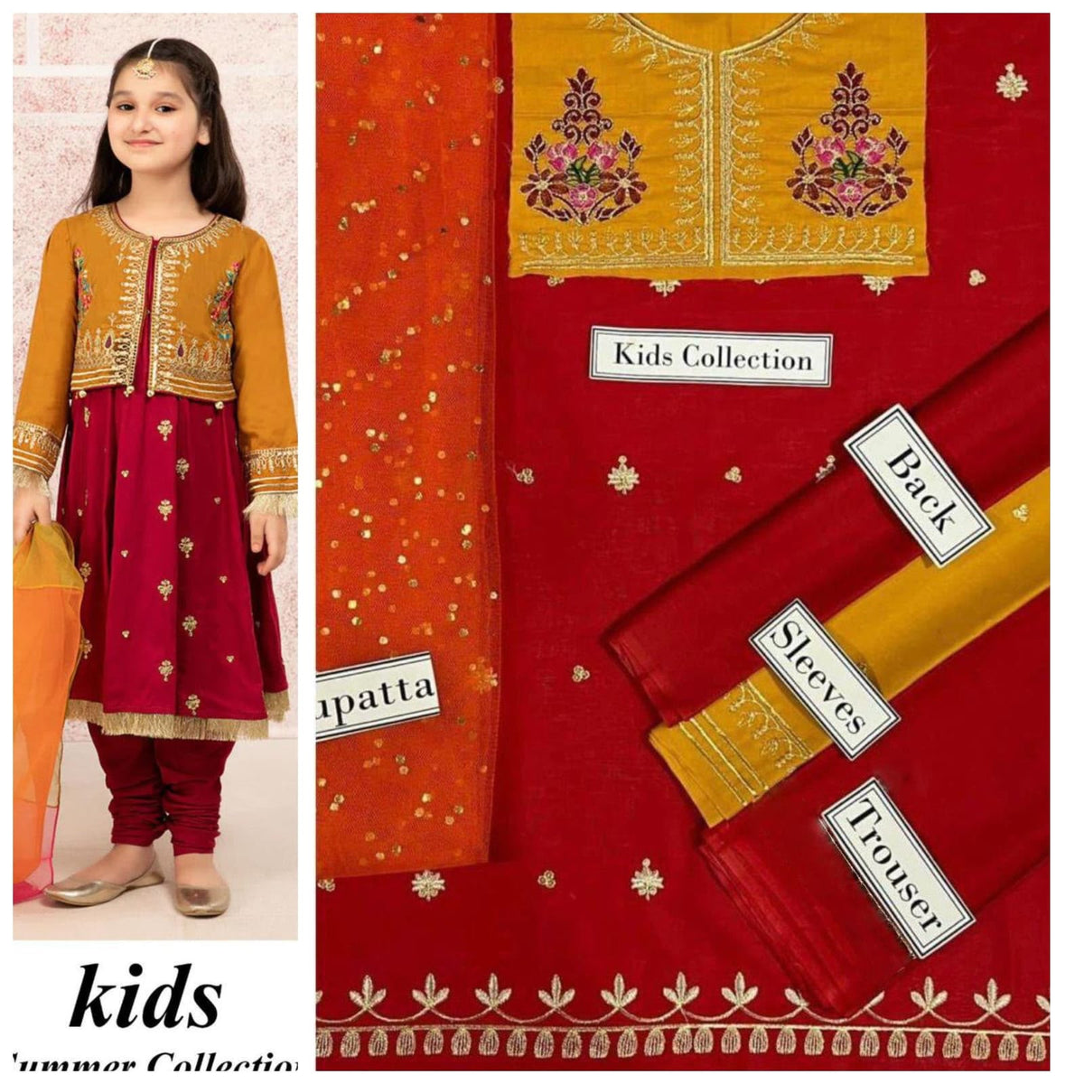 Kids 3-Piece Embroidered Lawn Suit with Net Dupatta & Stylish Patches
