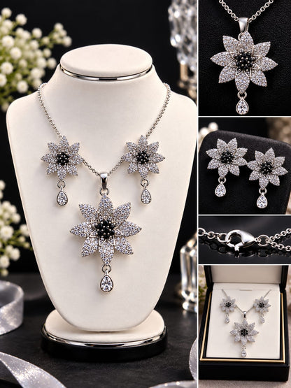 Silver Zircon Flower Jewelry Set with Pink Gemstone - Floral Pendant Necklace & Earrings Set for Women