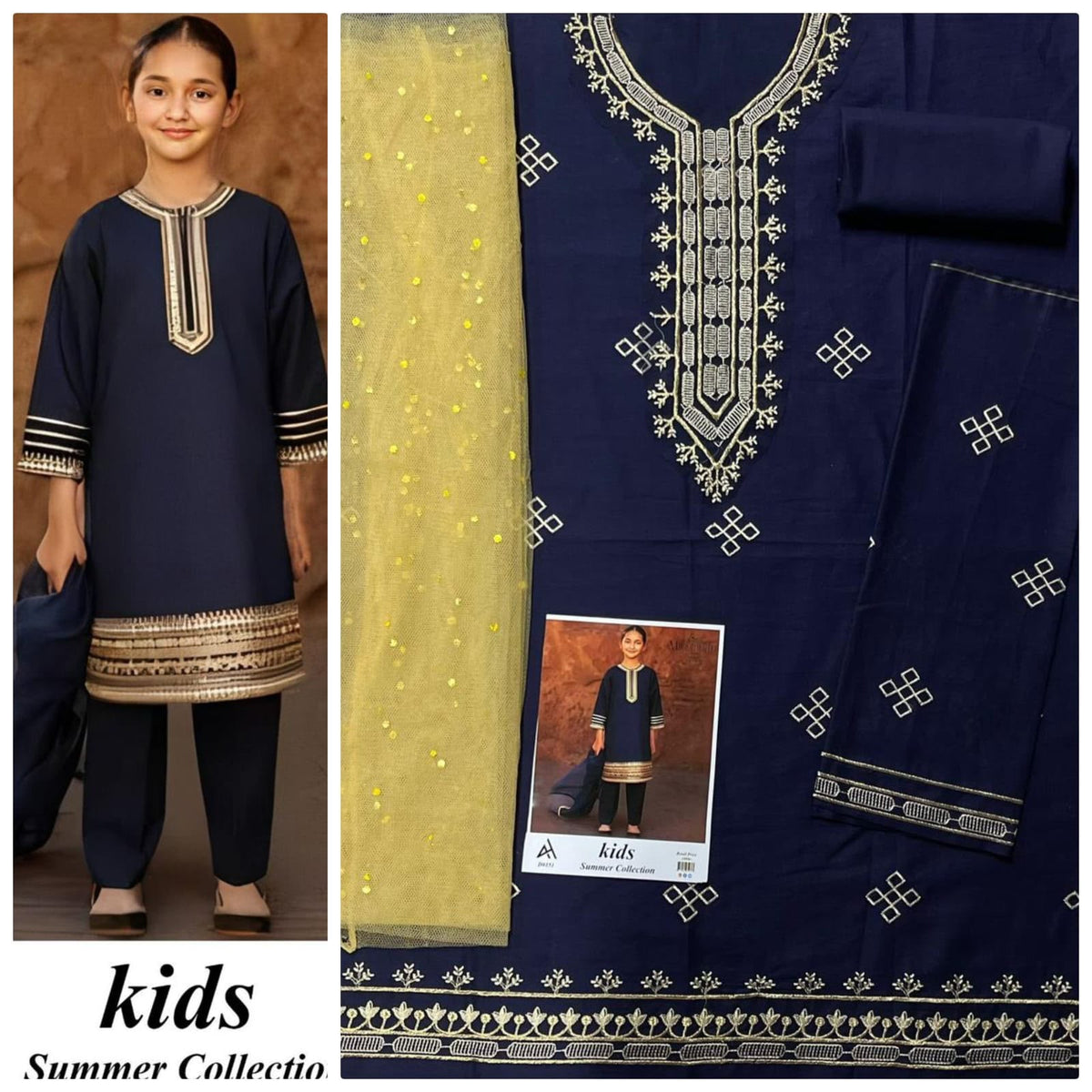 Kids 3-Piece Embroidered Lawn Suit with Net Dupatta & Stylish Patches