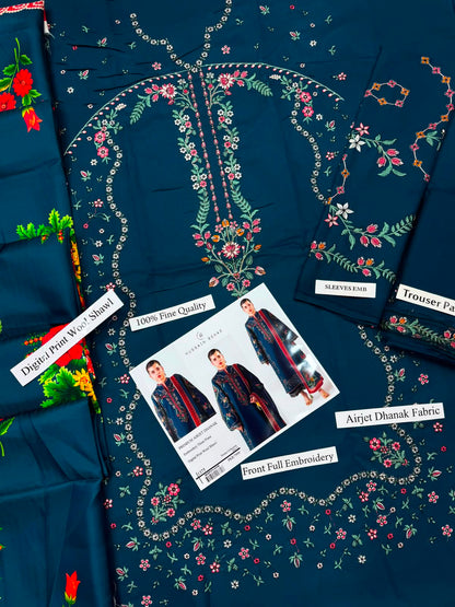 Premium Airjet Dhanak Digital Wool Shawl 3-Piece Suit | Winter Collection 2026-27 | Front & Sleeves Embroidered | Dyed Trouser | Luxury Printed Wool Shawl