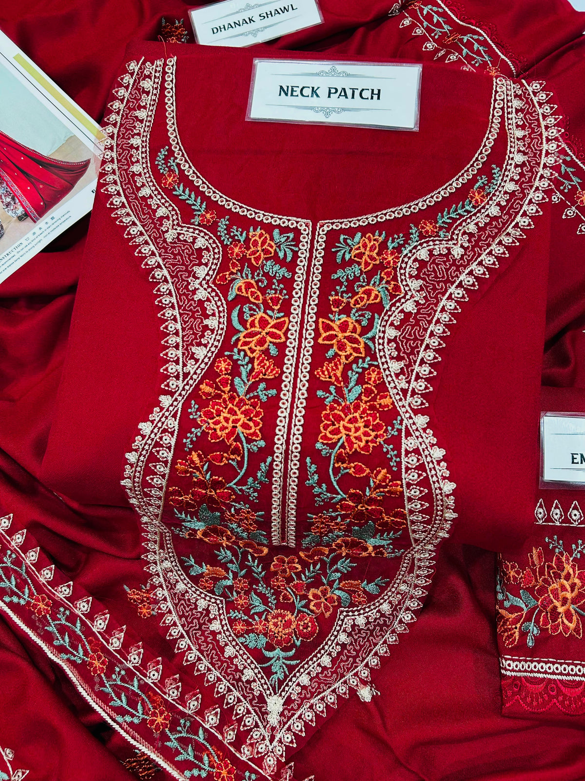 Aneelas Winter Collection 2026-27 - 3 Piece Heavy Embroidered Dhanak Suit with Digital Printed Karandi Trouser & Heavy Border Dhanak Shawl (D# NF 1305)