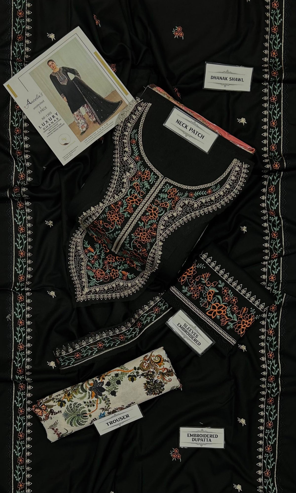 Aneelas Winter Collection 2026-27 - 3 Piece Heavy Embroidered Dhanak Suit with Digital Printed Karandi Trouser & Heavy Border Dhanak Shawl (D# NF 1305)