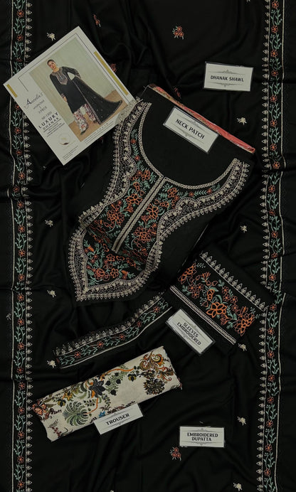 Aneelas Winter Collection 2026-27 - 3 Piece Heavy Embroidered Dhanak Suit with Digital Printed Karandi Trouser & Heavy Border Dhanak Shawl (D# NF 1305)