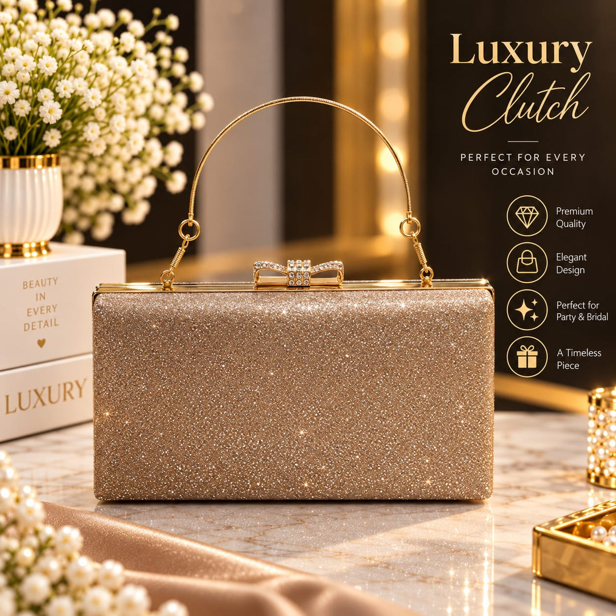 Elegant Crystal Floral Lace Bridal Clutch Bag | Premium Party Wear Purse for Women ✨
