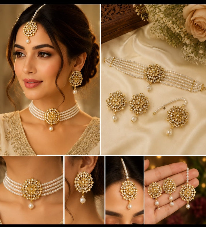 Luxury Pearl Bridal Jewelry Set | 4-Piece Gold & Peach Pearl Necklace, Earrings, Maang Tikka & Hand Chain | Traditional Pakistani Wedding Jewelry Set | Elegant Bridal Jewellery for Mehndi, Baraat & Party