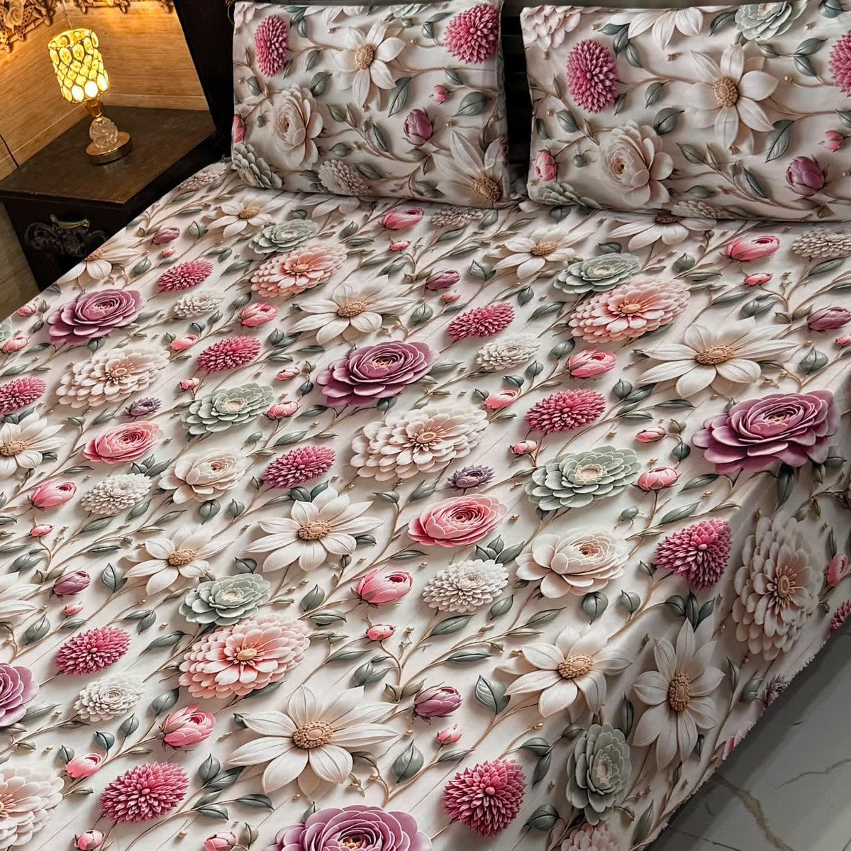 Premium 9D Digital Printed Bedsheet Set - King Size Micro Cotton Bedsheet with 2 Pillow Covers