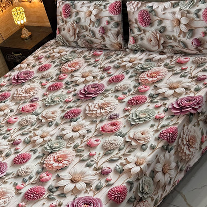 Premium 9D Digital Printed Bedsheet Set - King Size Micro Cotton Bedsheet with 2 Pillow Covers
