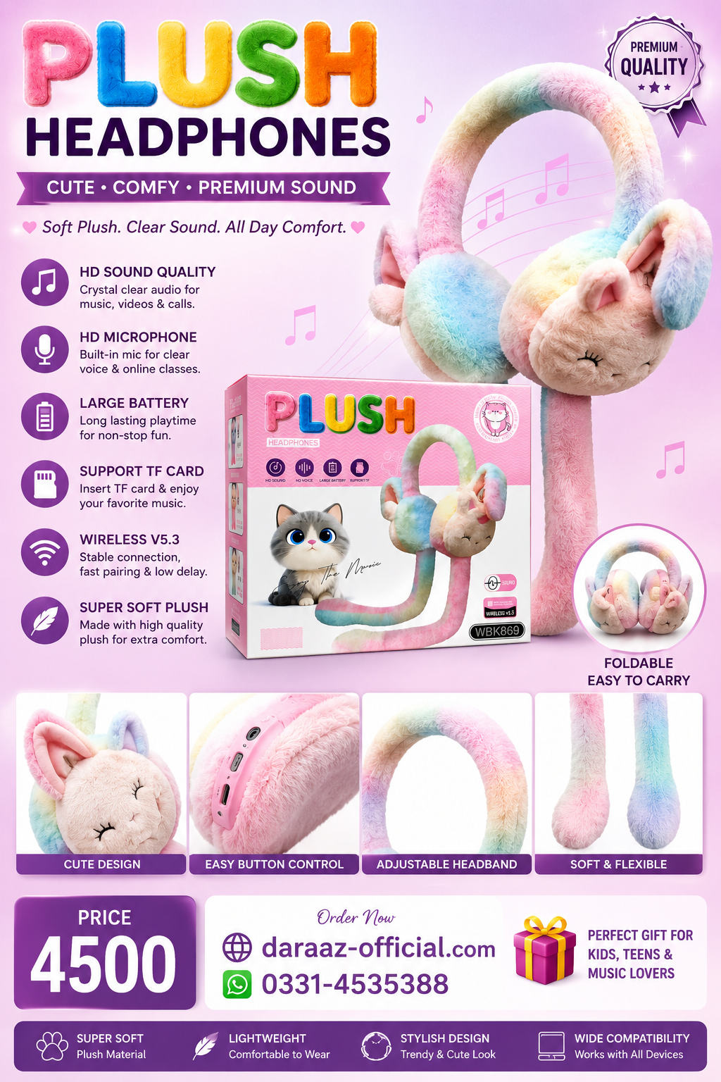 Plush Cat Ear Headphones for Kids & Teens | Cute Wireless V5.3 Bluetooth Headphones with HD Sound, Built-in Mic, TF Card Support, Soft Comfortable Design & Foldable Headband