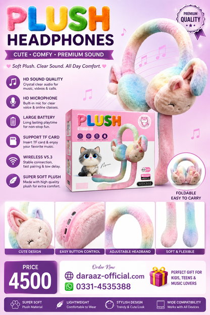 Plush Cat Ear Headphones for Kids & Teens | Cute Wireless V5.3 Bluetooth Headphones with HD Sound, Built-in Mic, TF Card Support, Soft Comfortable Design & Foldable Headband