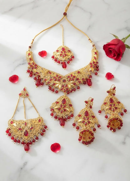 Luxe Antique Gold Bridal Set with Ruby Red Beads – Heavy Choker, Passa & Earring Combo