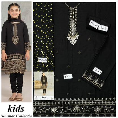 Kids 3-Piece Embroidered Lawn Suit with Net Dupatta & Stylish Patches