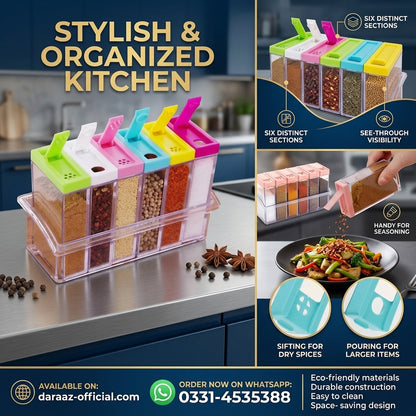 Spice Jars Dispenser Masala Rack | Crystal Seasoning Storage Set with Easy Flow Design | Airtight Kitchen Storage Containers | Set of 6