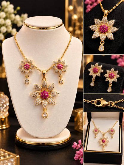 Silver Zircon Flower Jewelry Set with Pink Gemstone - Floral Pendant Necklace & Earrings Set for Women