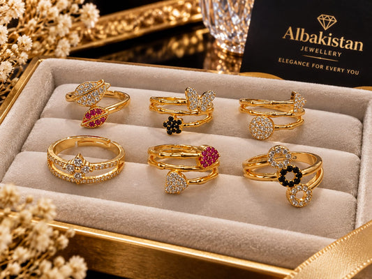 Luxury 6-Pcs Gold Plated Crystal Adjustable Ring Set for Women