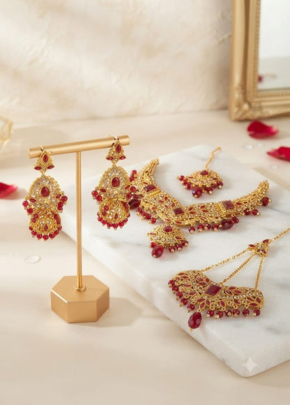 Luxe Antique Gold Bridal Set with Ruby Red Beads – Heavy Choker, Passa & Earring Combo