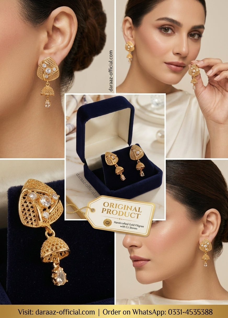 Premium Gold Plated Jhumka Earrings with Ruby Stones | Traditional Filigree Drop Earrings for Women