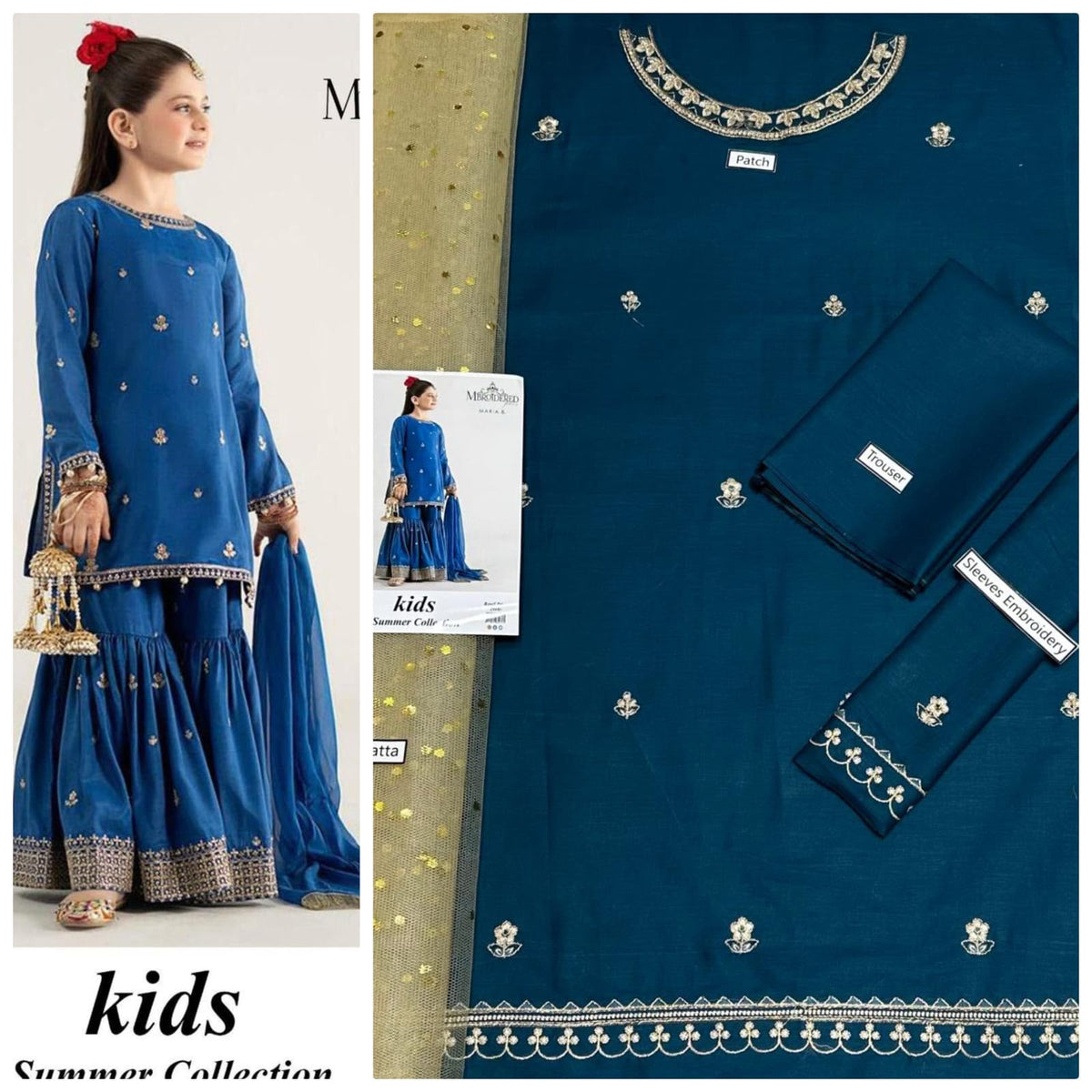 Kids 3-Piece Embroidered Lawn Suit with Net Dupatta & Stylish Patches