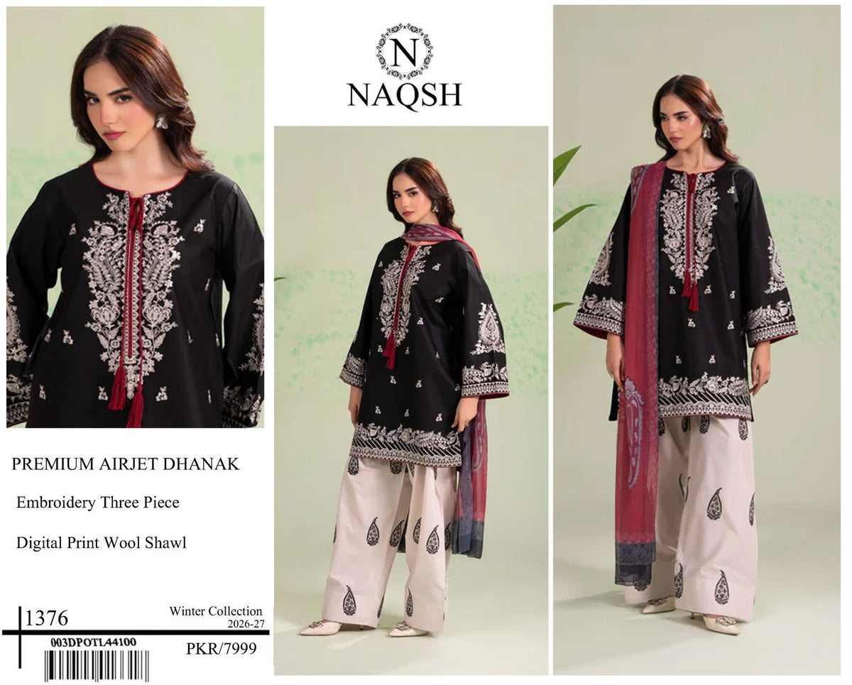 Premium Airjet Dhanak 3-Piece Suit with Embroidered Dhanak Shawl | Full Heavy Embroidery | Winter Collection 2026-27