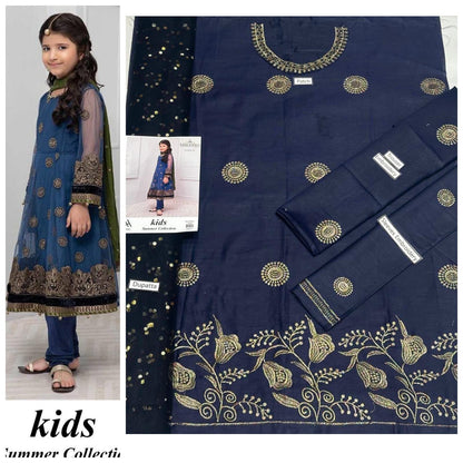 Kids 3-Piece Embroidered Lawn Suit with Net Dupatta & Stylish Patches
