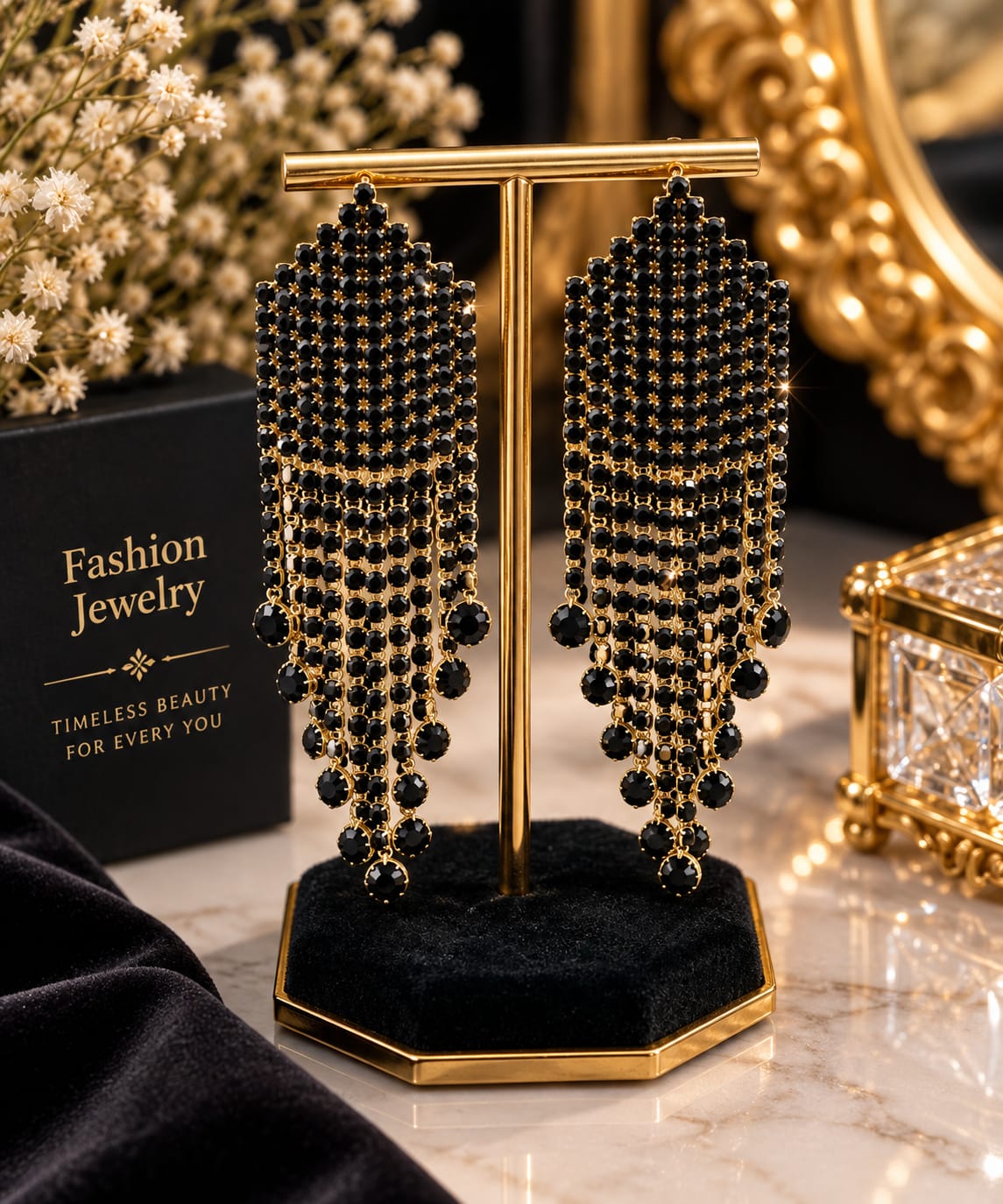 Elegant Black Crystal Gold-Plated Long Dangle Earrings for Women | Designer Party Wear Chandelier Earrings