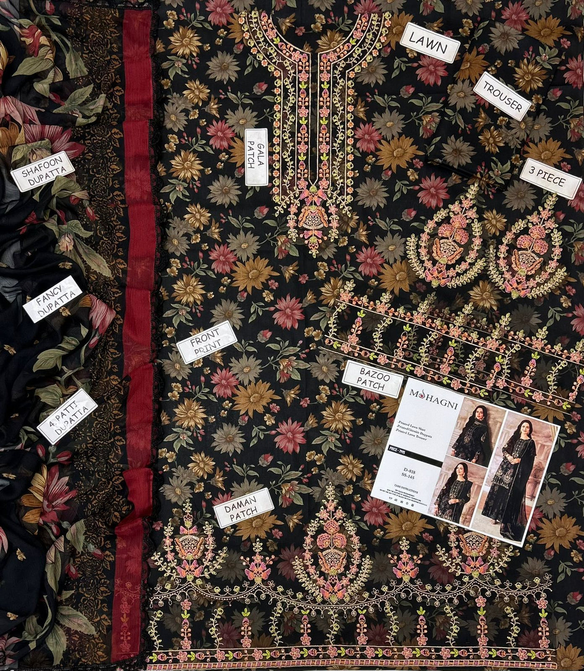 Mohagni Lawn 2026 Collection – 3 Pc Fine Airjet 90/88 Lawn Suit with Heavy Embroidered Patches & Ready-to-Wear Chiffon Dupatta