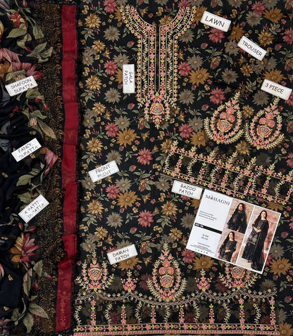 Mohagni Lawn 2026 Collection – 3 Pc Fine Airjet 90/88 Lawn Suit with Heavy Embroidered Patches & Ready-to-Wear Chiffon Dupatta