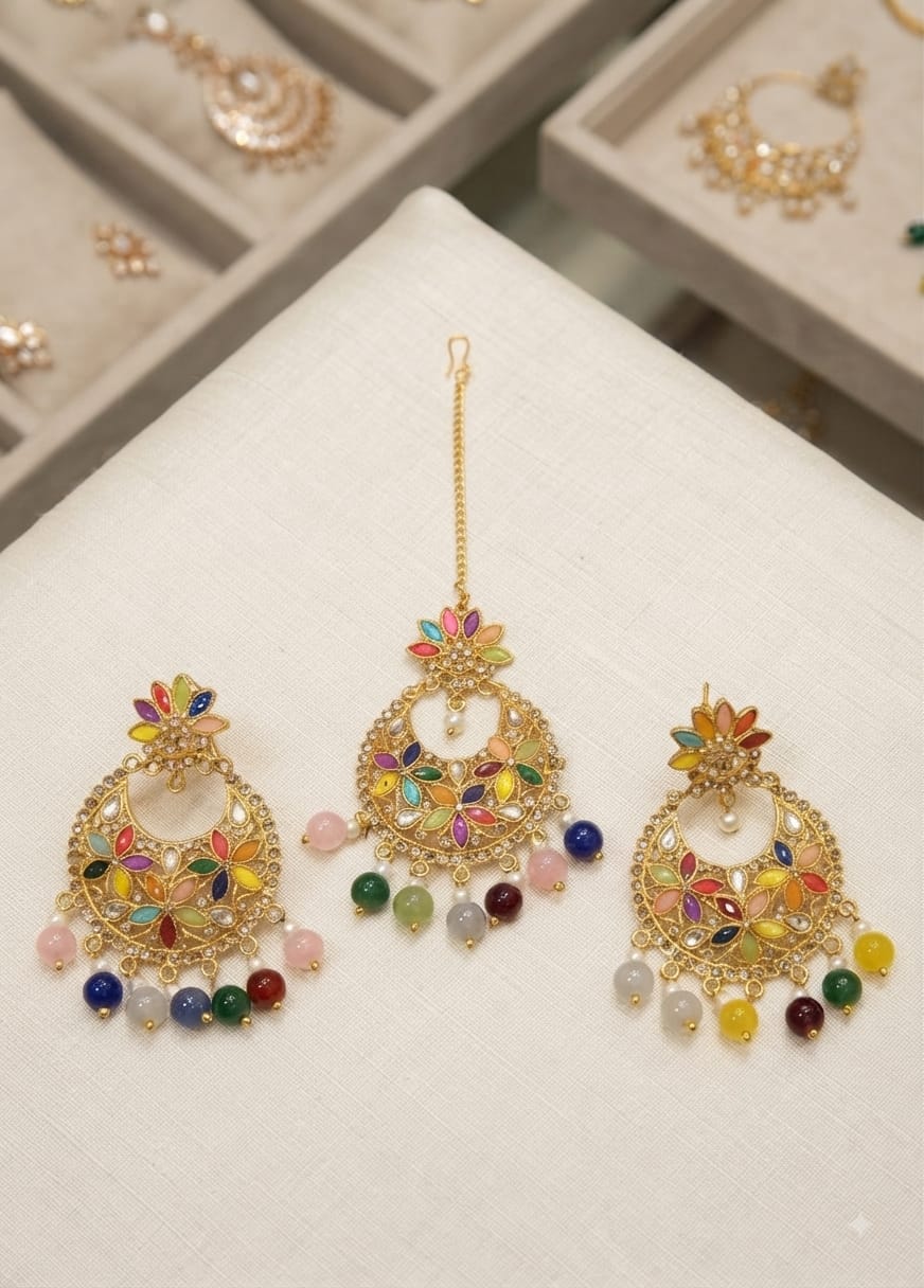 Multicolor Kundan Floral Necklace & Earrings Set for Women | Elegant Traditional Ethnic Jewelry Set with Beaded Drops