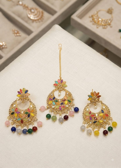 Multicolor Kundan Floral Necklace & Earrings Set for Women | Elegant Traditional Ethnic Jewelry Set with Beaded Drops