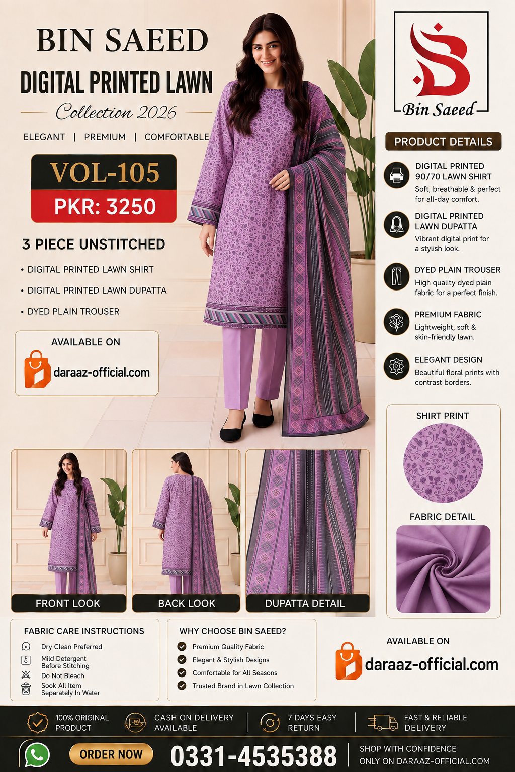 Bin Saeed Digital Printed Lawn Collection 2026 | 3 Piece Unstitched Lawn Suit | Vol-105 | Premium Printed Lawn Suit | PKR 3250