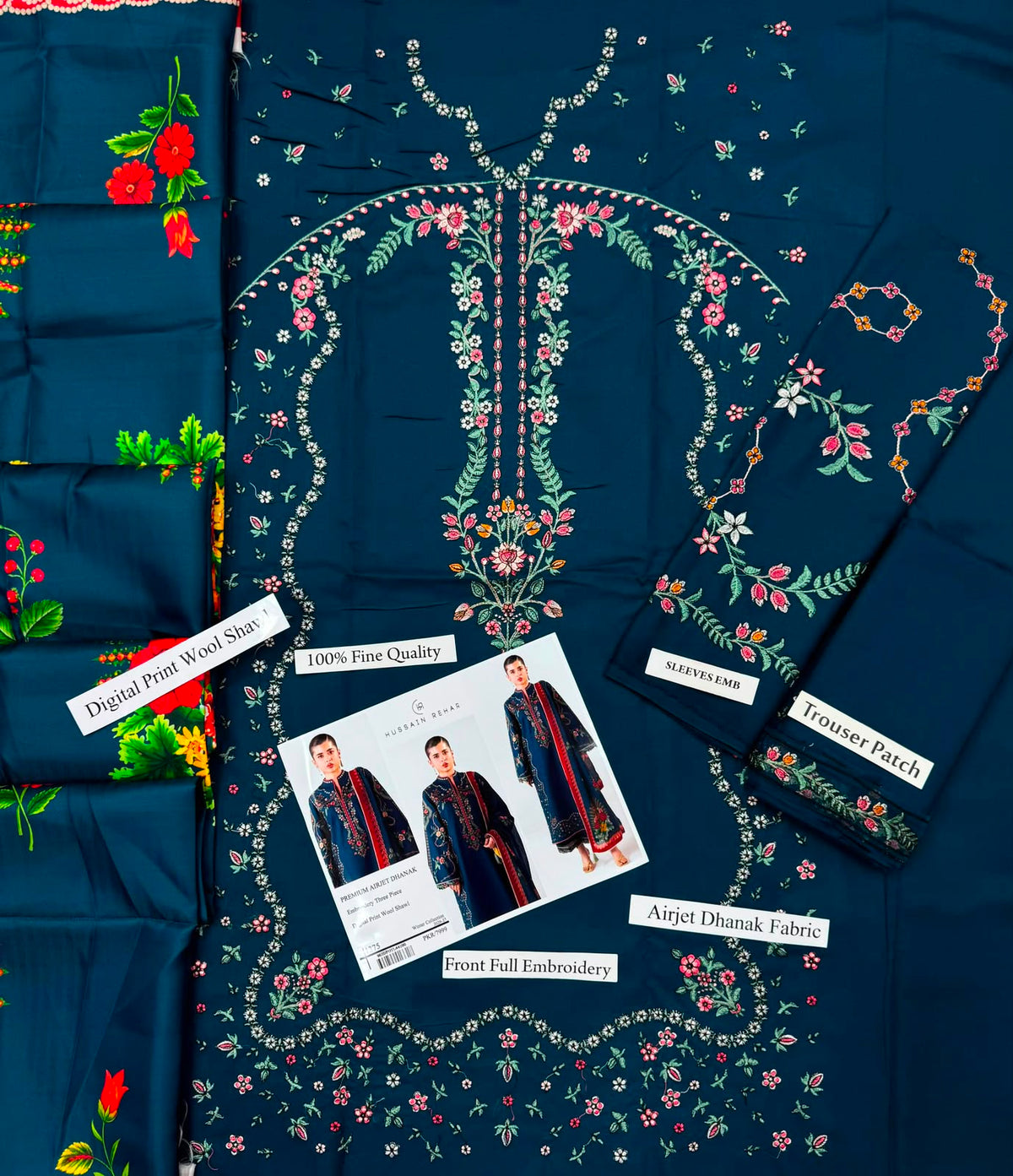 Premium Airjet Dhanak Digital Wool Shawl 3-Piece Suit | Winter Collection 2026-27 | Front & Sleeves Embroidered | Dyed Trouser | Luxury Printed Wool Shawl