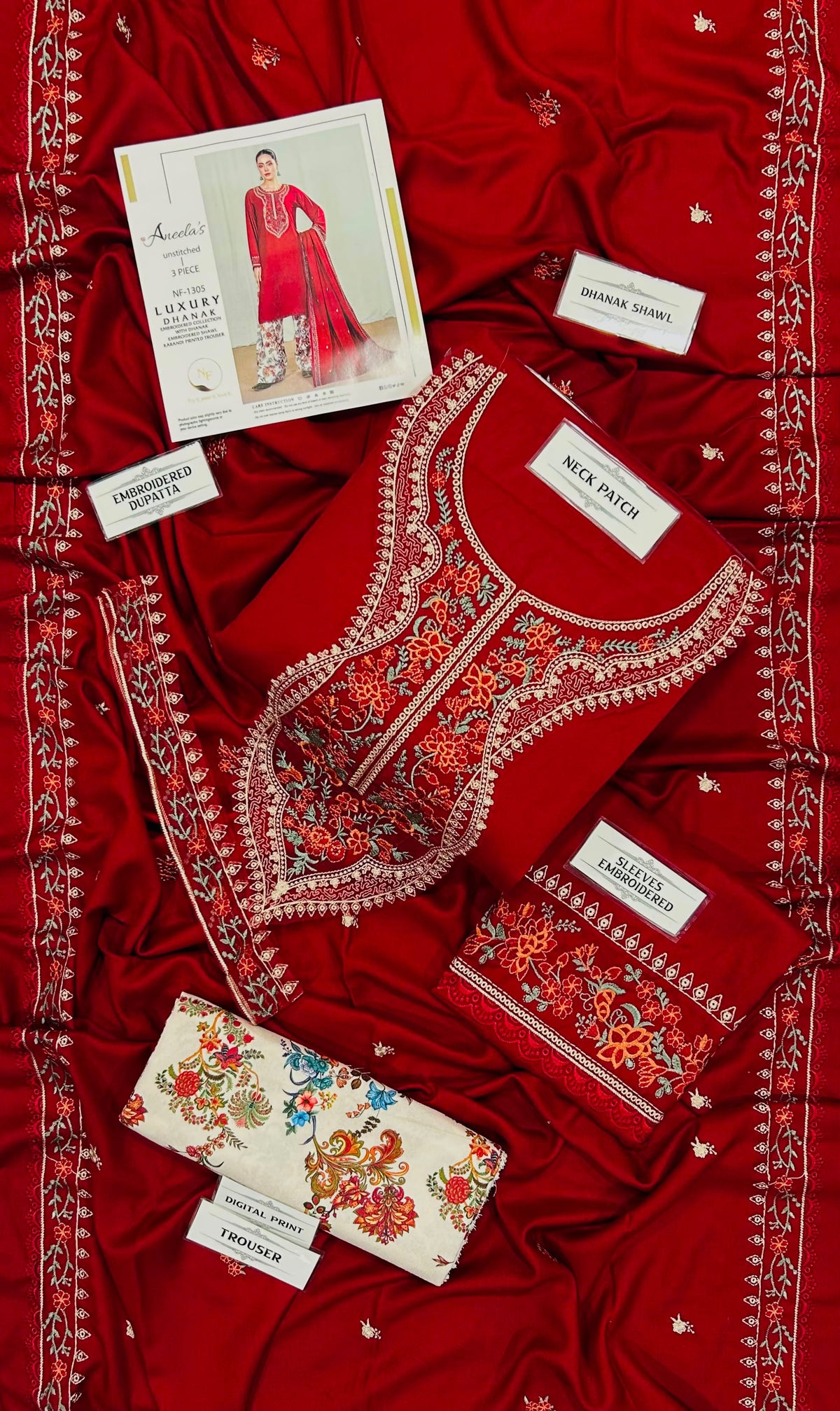 Aneelas Winter Collection 2026-27 - 3 Piece Heavy Embroidered Dhanak Suit with Digital Printed Karandi Trouser & Heavy Border Dhanak Shawl (D# NF 1305)