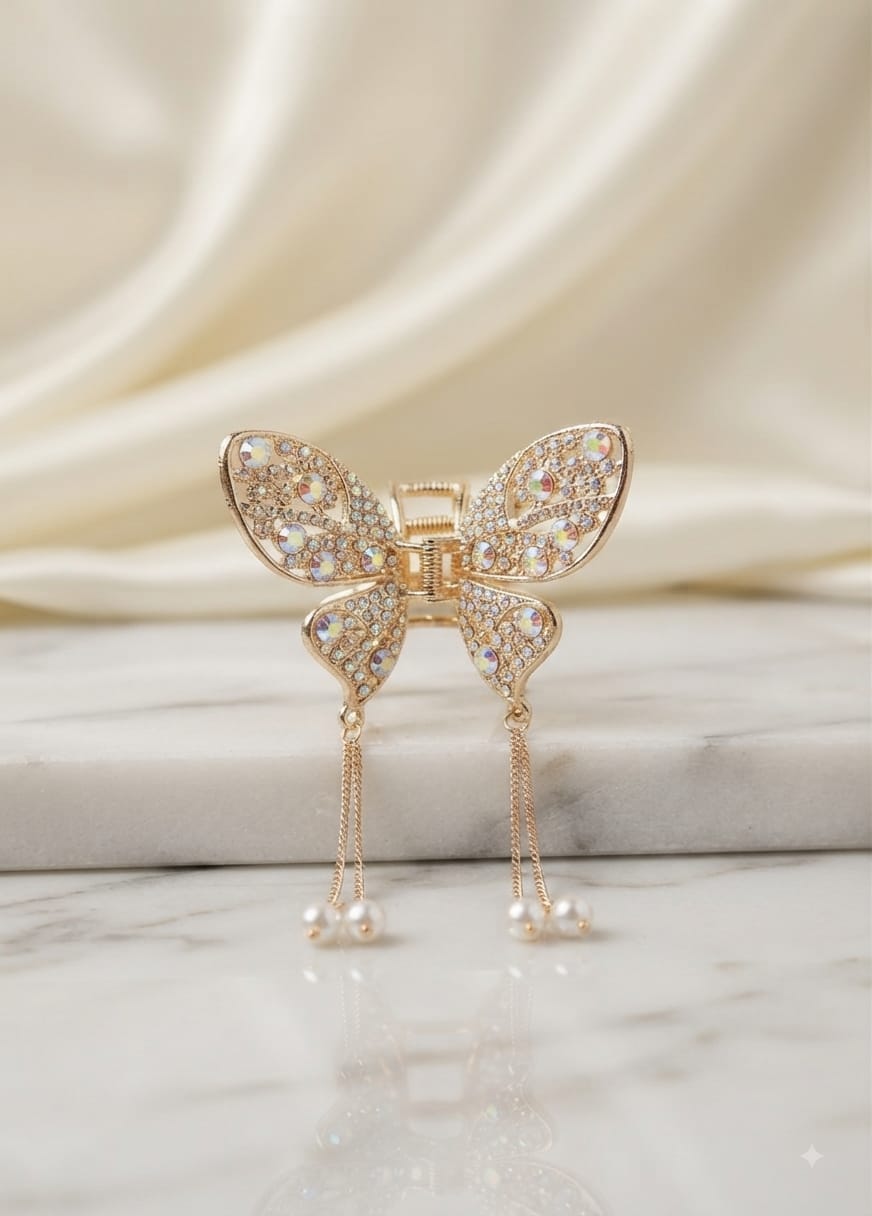 Elegant Butterfly Crystal Hair Catcher with Pearl Tassels – Stylish & Trendy Hair Clip for Women