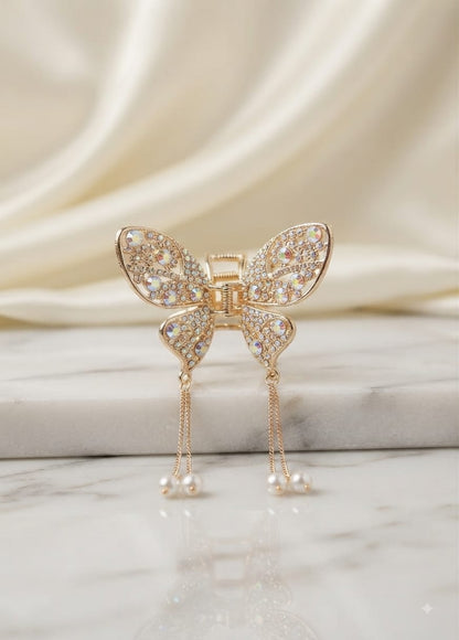 Elegant Butterfly Crystal Hair Catcher with Pearl Tassels – Stylish & Trendy Hair Clip for Women