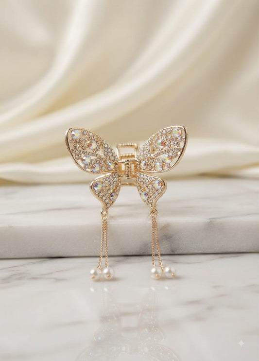 Elegant Butterfly Crystal Hair Catcher with Pearl Tassels – Stylish & Trendy Hair Clip for Women
