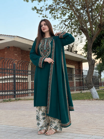 Aneelas Winter Collection 2026-27 - 3 Piece Heavy Embroidered Dhanak Suit with Digital Printed Karandi Trouser & Heavy Border Dhanak Shawl (D# NF 1305)