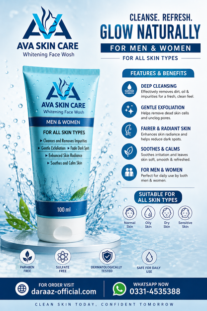 AVA Face Wash | Glycolic Acid & Vitamin-Enriched Brightening Cleanser | Deep Cleansing & Hydrating Formula | For All Skin Types