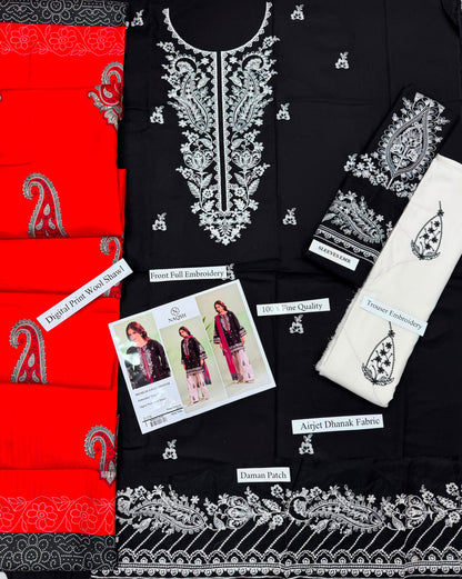 Premium Airjet Dhanak 3-Piece Suit with Embroidered Dhanak Shawl | Full Heavy Embroidery | Winter Collection 2026-27