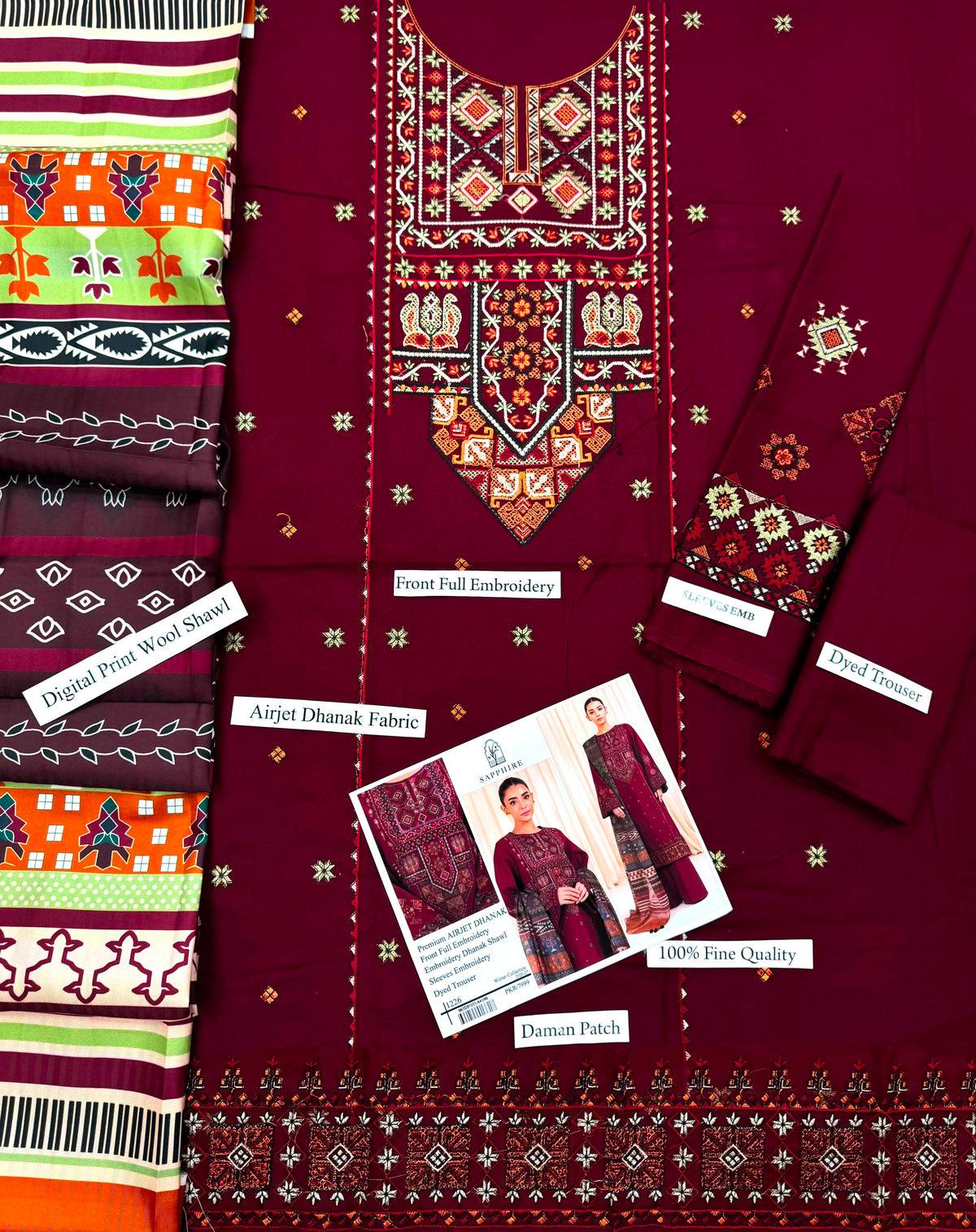 Premium Airjet Dhanak 3-Piece Suit with Embroidered Dhanak Shawl | Full Heavy Embroidery | Winter Collection 2026-27