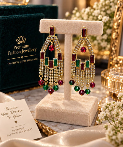 Elegant Black Crystal Gold-Plated Long Dangle Earrings for Women | Designer Party Wear Chandelier Earrings