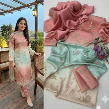 Lulusar Silk 3PC Unstitched Dress 2K26 | Premium Shamose Silk Digital Printed Collection | Printed Shirt, Dyed Trouser & Silk Dupatta