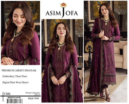 Premium Airjet Dhanak Embroidered Suit with Digital Wool Shawl | Baroque & Asim Jofa Winter Collection 2026-27