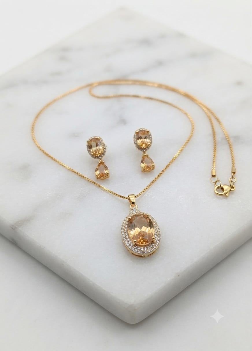 Champagne Topaz Pendant Set  Gold Plated Jewelry Oval Cut Zircon Necklace Amber Crystal Jewelry Set Bridal Party Wear Jewelry Artificial Gold Jewellery Pakistan Luxury Pendant Set For Women