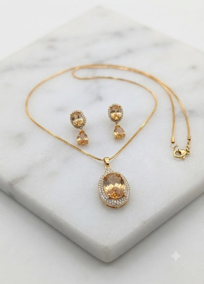 Champagne Topaz Pendant Set  Gold Plated Jewelry Oval Cut Zircon Necklace Amber Crystal Jewelry Set Bridal Party Wear Jewelry Artificial Gold Jewellery Pakistan Luxury Pendant Set For Women
