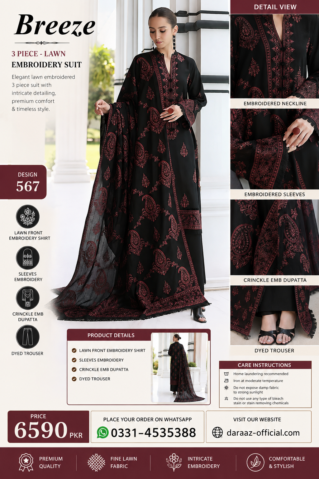 Breeze 3 Piece Lawn Embroidered Suit – Premium Black & Maroon Collection | Design 567