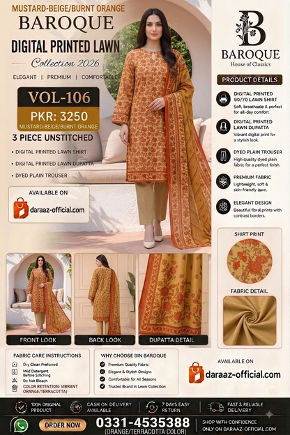 Baroque Digital Printed Lawn 3 Piece Unstitched Suit | Mustard Beige & Burnt Orange | Premium Lawn Collection 2026 | Vol-106