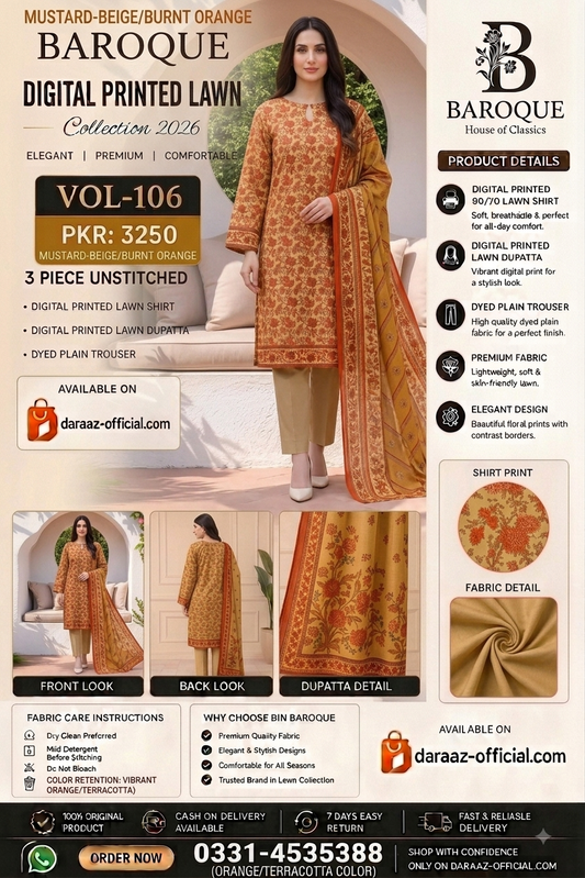 Baroque Digital Printed Lawn 3 Piece Unstitched Suit | Mustard Beige & Burnt Orange | Premium Lawn Collection 2026 | Vol-106