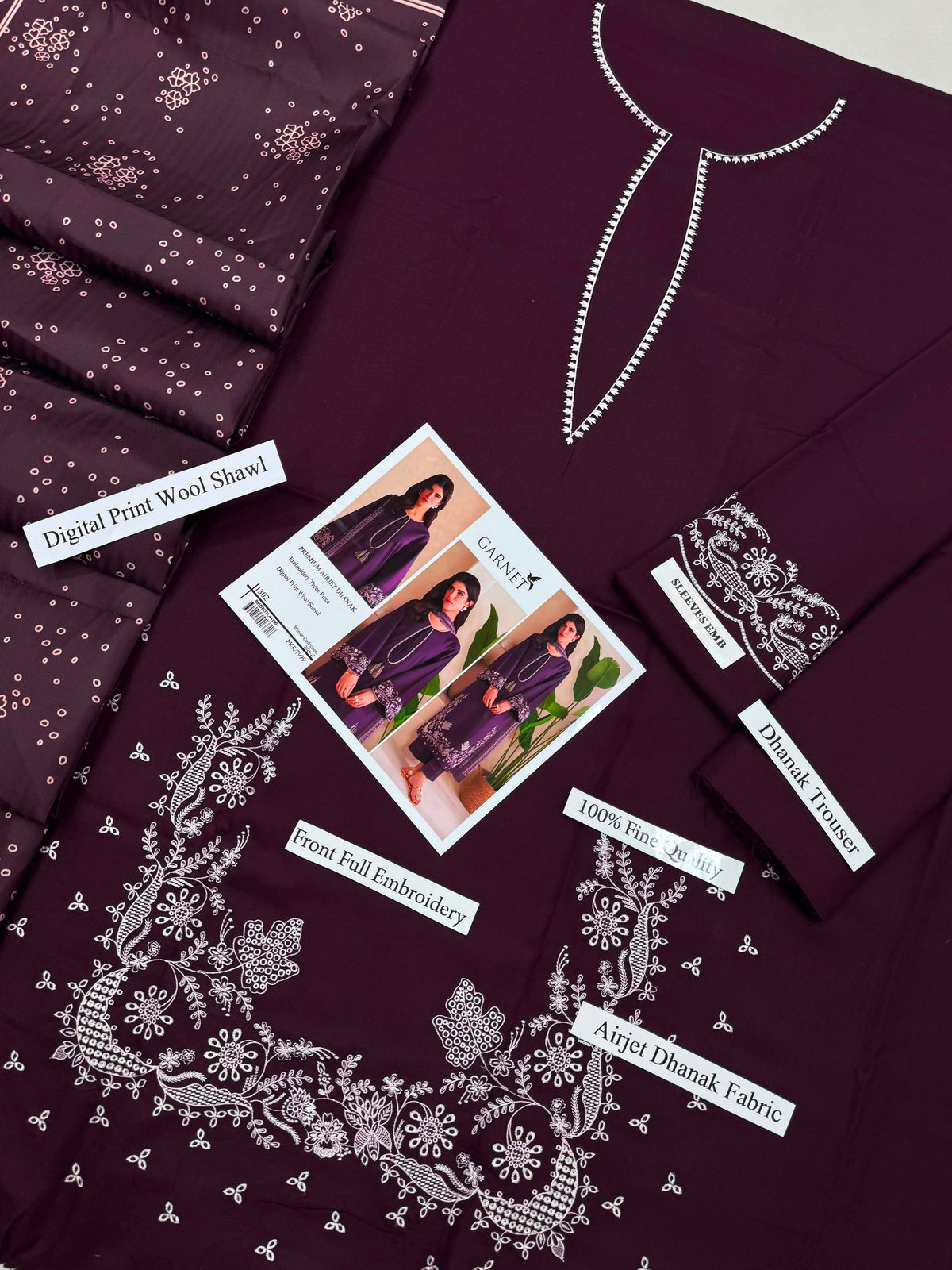 Premium Dhanak Heavy Embroidered 3-Piece Suit with Digital Print Wool Shawl | Full Front & Sleeves Heavy Embroidery | Dyed Back | Winter Collection 2026-27 | Code 1305, 1281 & 1219