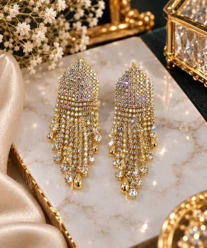 Elegant Black Crystal Gold-Plated Long Dangle Earrings for Women | Designer Party Wear Chandelier Earrings